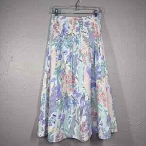 Vintage 80's Women's Small 26" Pastel Stripe Floral Cotton Skirt made in Cali